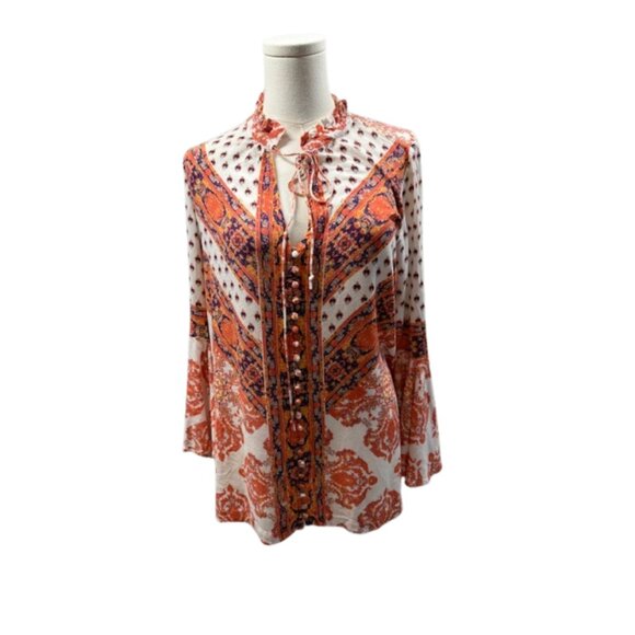 Free People Boho Printed Blouse XS – Orange & Purple Peasant Top - Picture 4 of 8